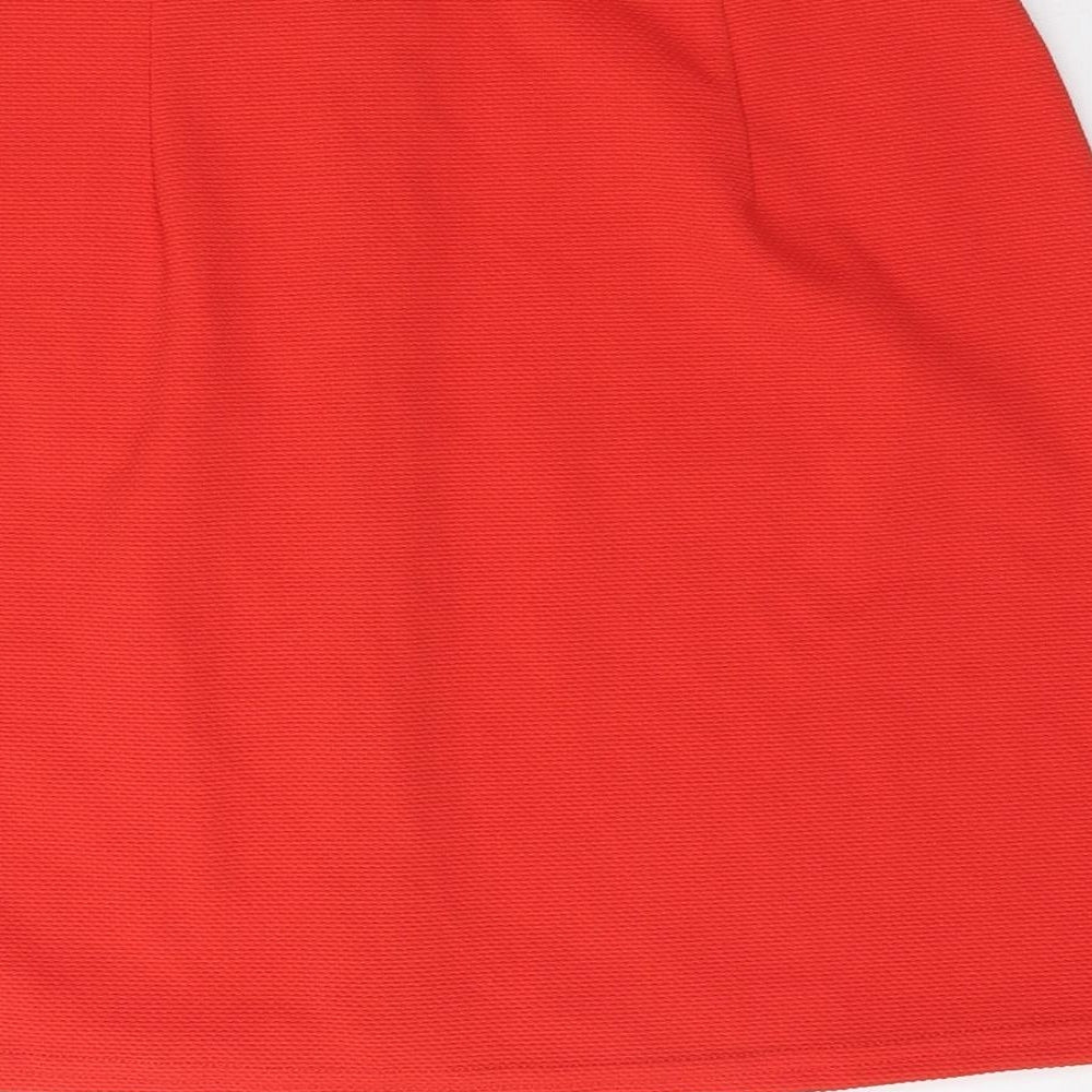 Brand and care label for Atmosphere women’s red polyester a-line skirt, size UK 12, zip