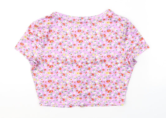 SheIn Womens Purple Floral Polyester Cropped Button-Up Size M V-Neck