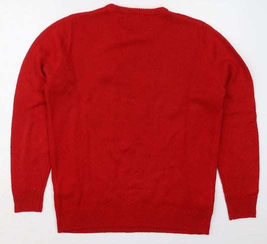 Cedar Wood State Mens Red Crew Neck Acrylic Pullover Jumper Size M - Ho Ho Ho Snowman