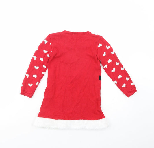 George Girls Red Geometric Cotton Jumper Dress Size 3-4 Years Crew Neck Pullover - Christmas Dress