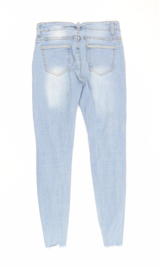 Back view of SheIn women’s blue cotton skinny jeans, size S, 26-inch leg regular zip