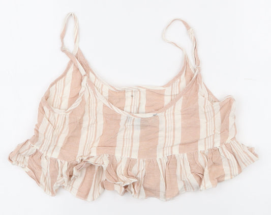 Primark Womens Pink Striped Polyester Cropped T-Shirt Size 6 Scoop Neck