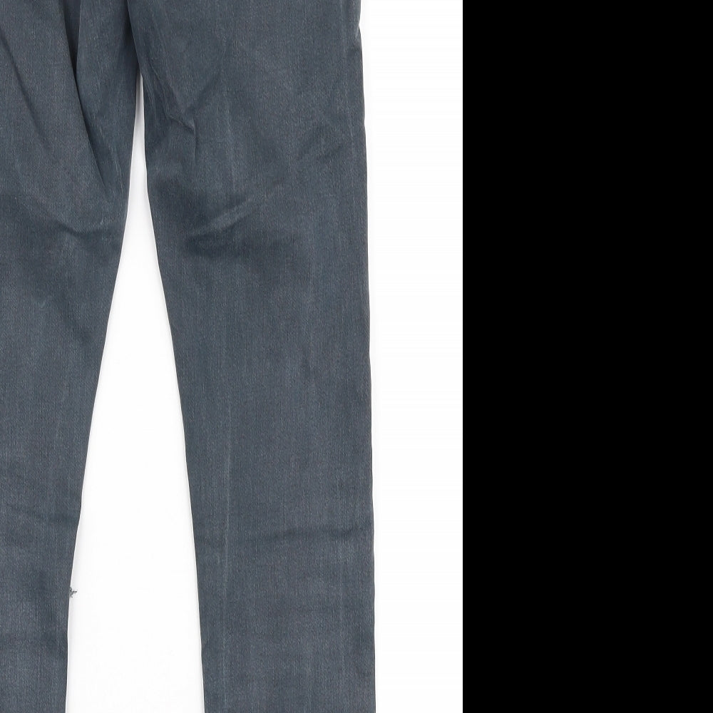 Brand and care label for Topshop women’s grey cotton skinny jeans, size UK 28, in, 28-inch leg slim zip
