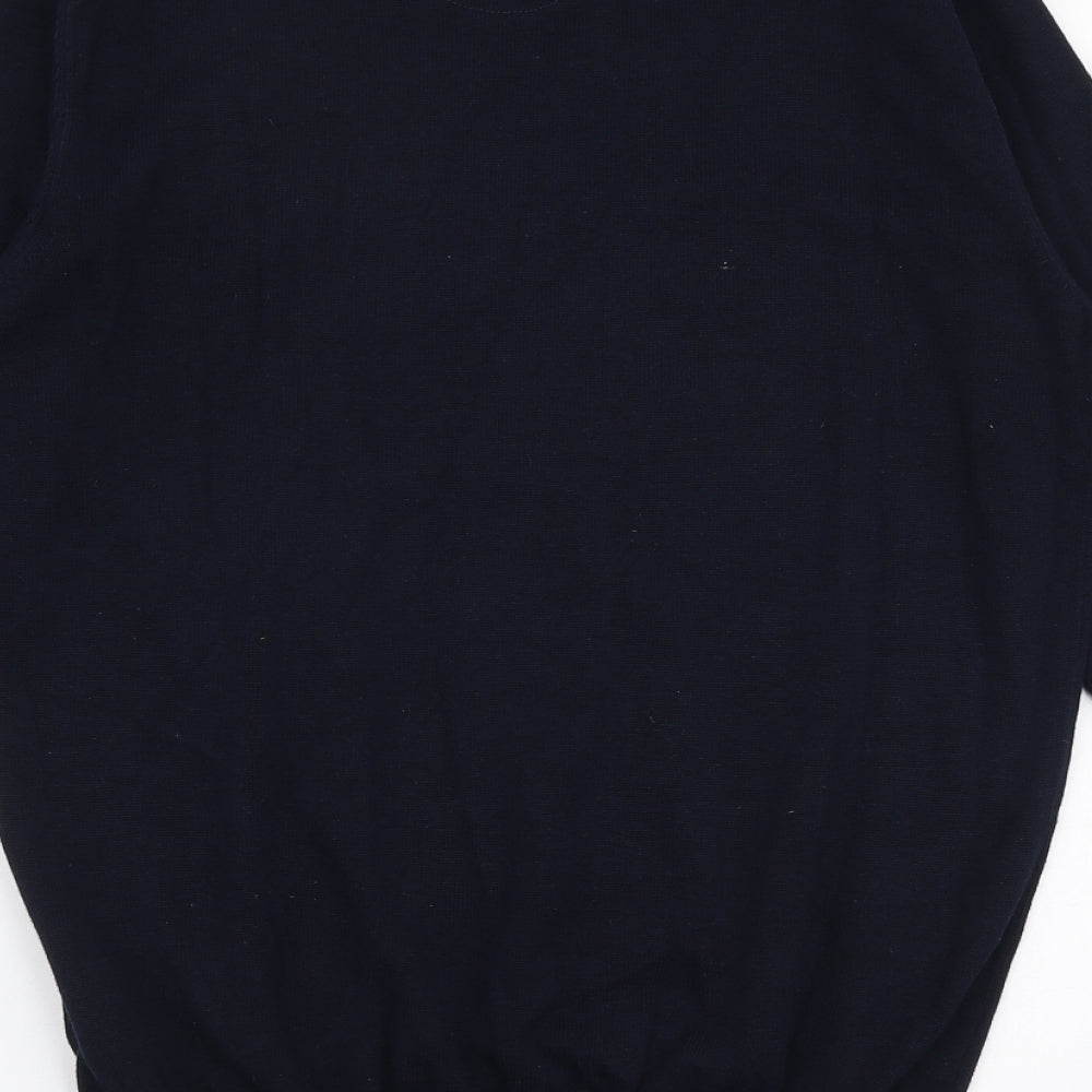 Brand and care label for Brave Soul men’s blue round neck cotton jumper, size XS
