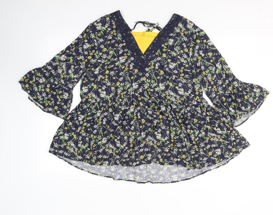 F&F Womens Blue Floral Viscose Jersey Blouse Size 14 V-Neck