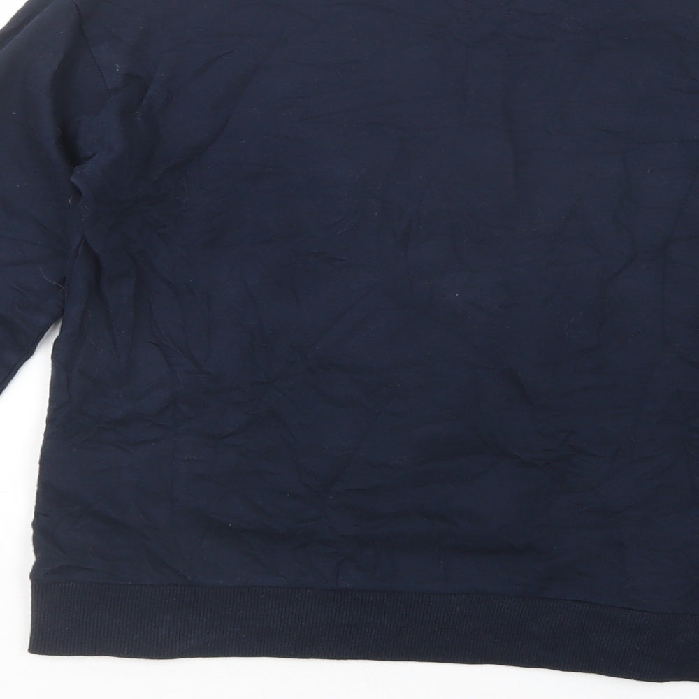 Brand and care label for H&M women’s blue cotton pullover sweatshirt, size XS, pullover