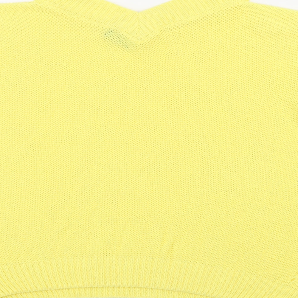 Brand and care label for F&F women’s yellow v-neck acrylic jumper, size UK 10