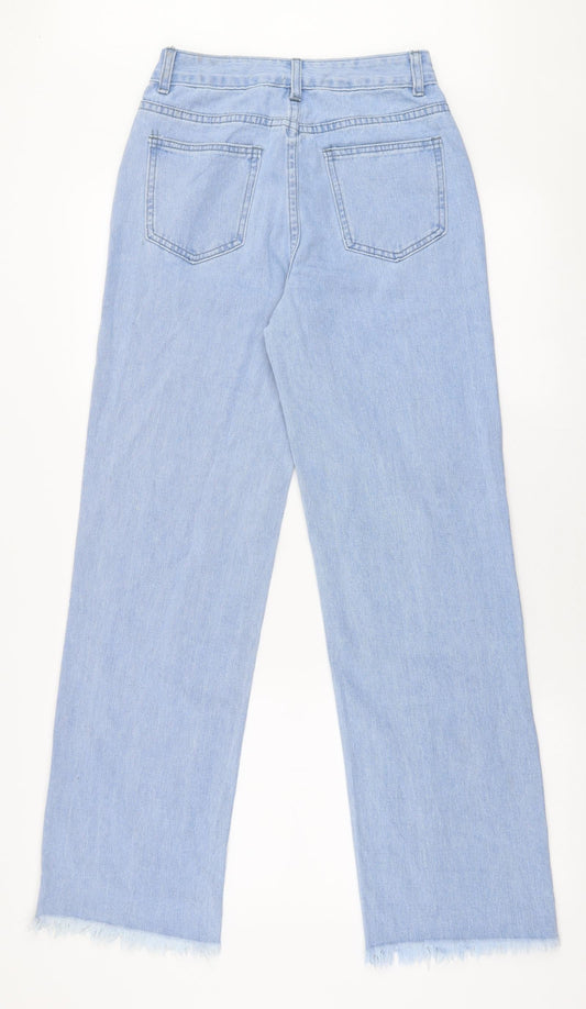 Back view of SHEIN women’s blue cotton mom jeans, size XS, 30-inch leg regular zip