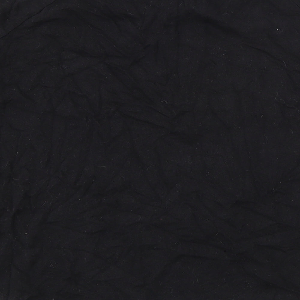 Brand and care label for H&M women’s black cotton pullover sweatshirt, size S
