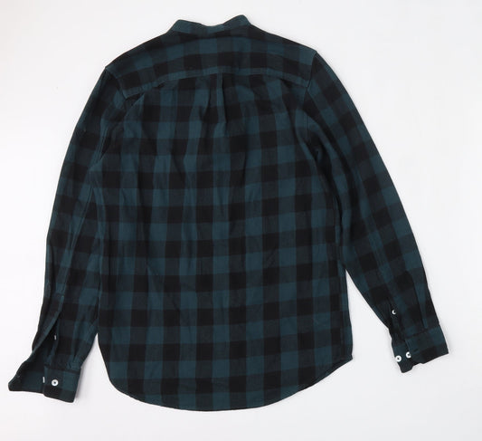 River Island Mens Green Plaid Cotton Button-Up Size S Mock Neck Button