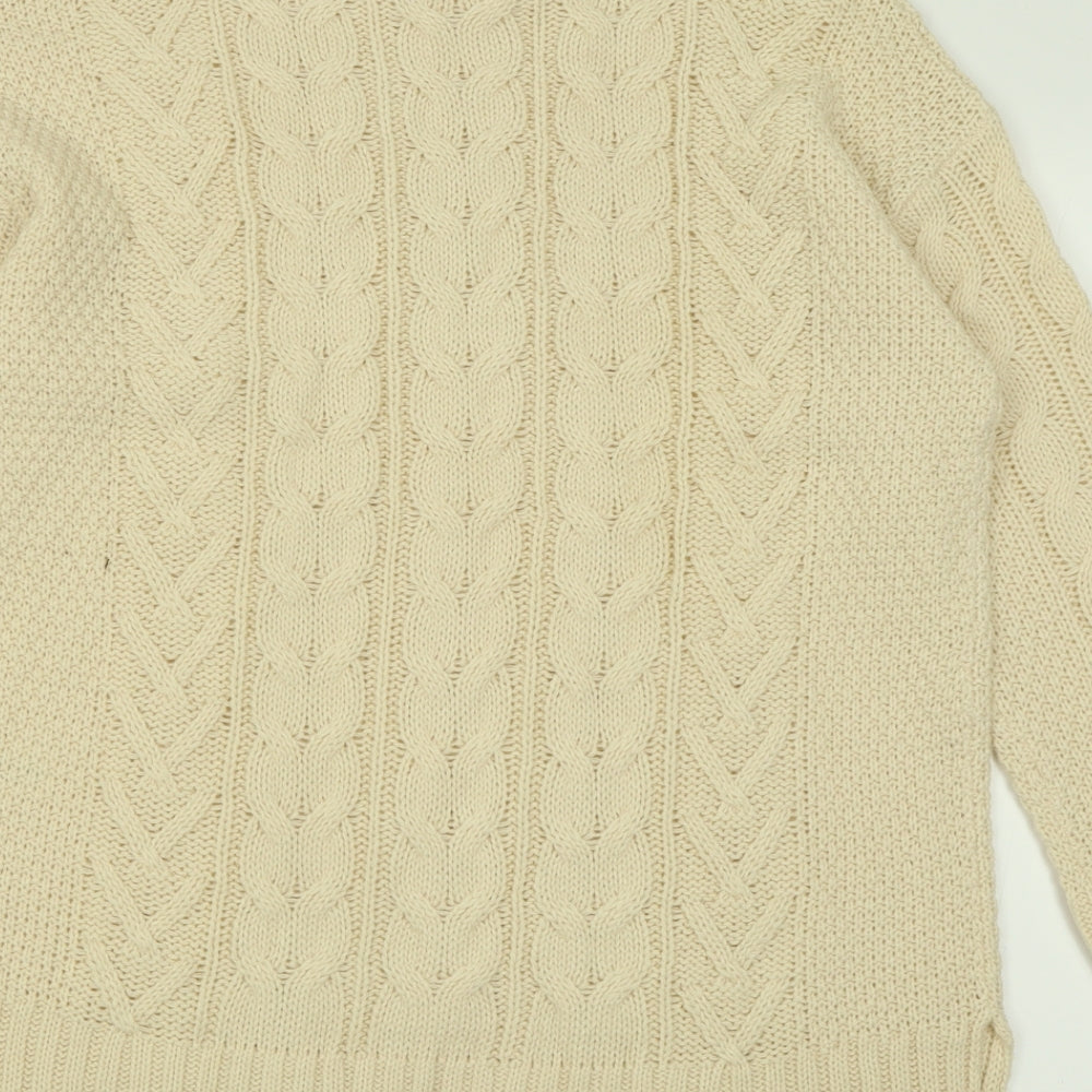 Brand and care label for M&Co women’s beige acrylic jumper dress, size M, high neck pullover