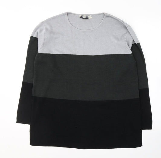 Additional front view of Carolyn Taylor women’s black round neck striped acrylic jumper, size S, - side slits