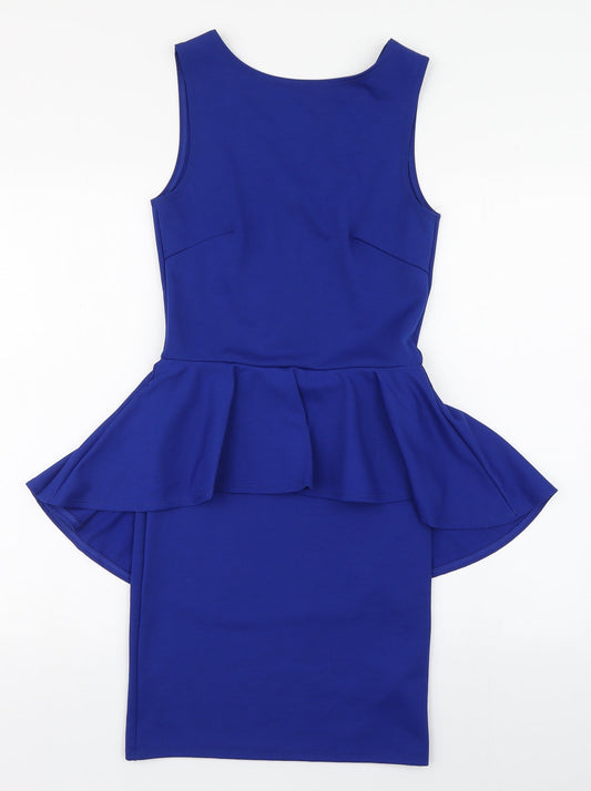 A Wear Womens Blue Polyester Pencil Dress Size 8 Scoop Neck Zip - Hip Ruffle