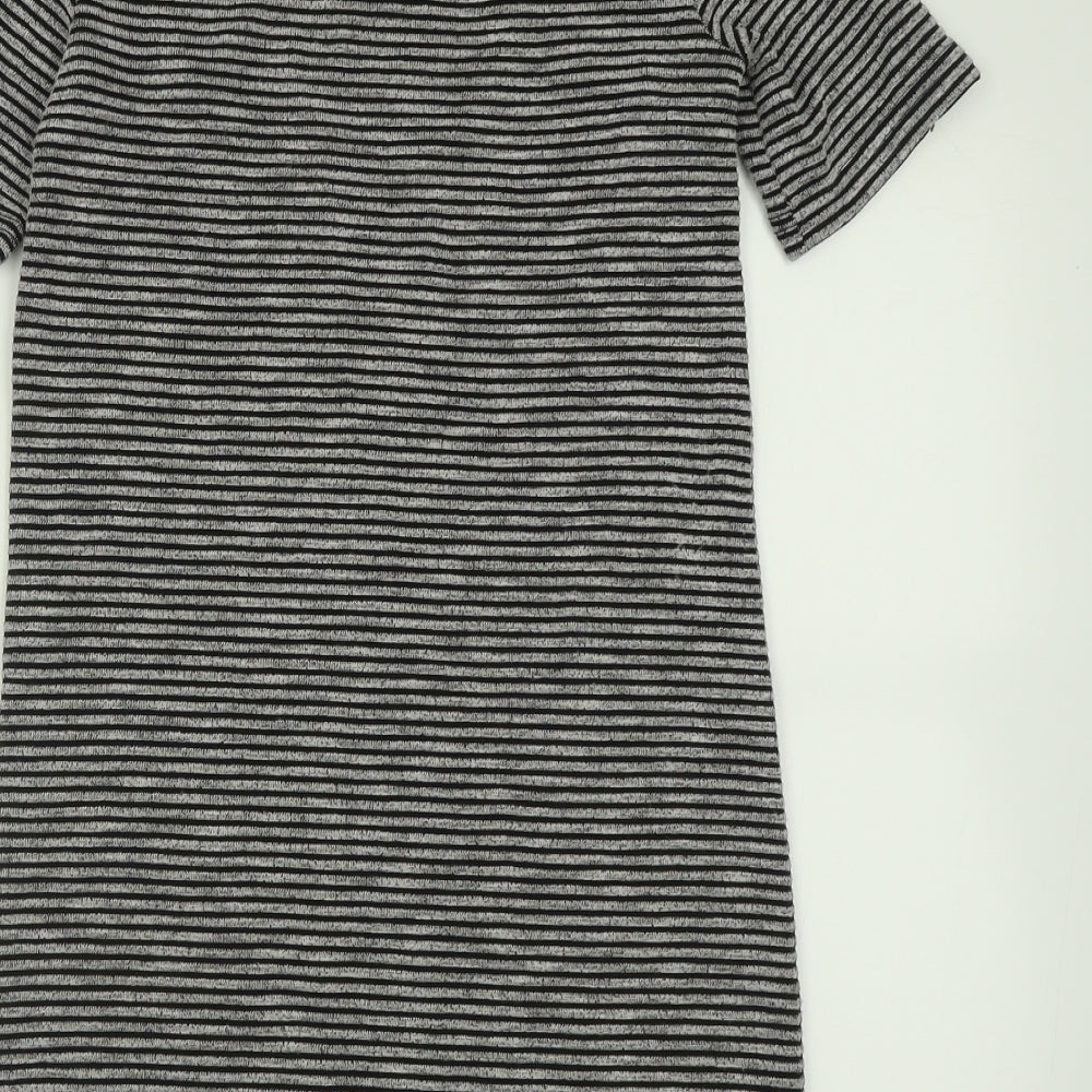 Brand and care label for H&M women’s grey striped polyester a-line, size UK 10, crew neck zip