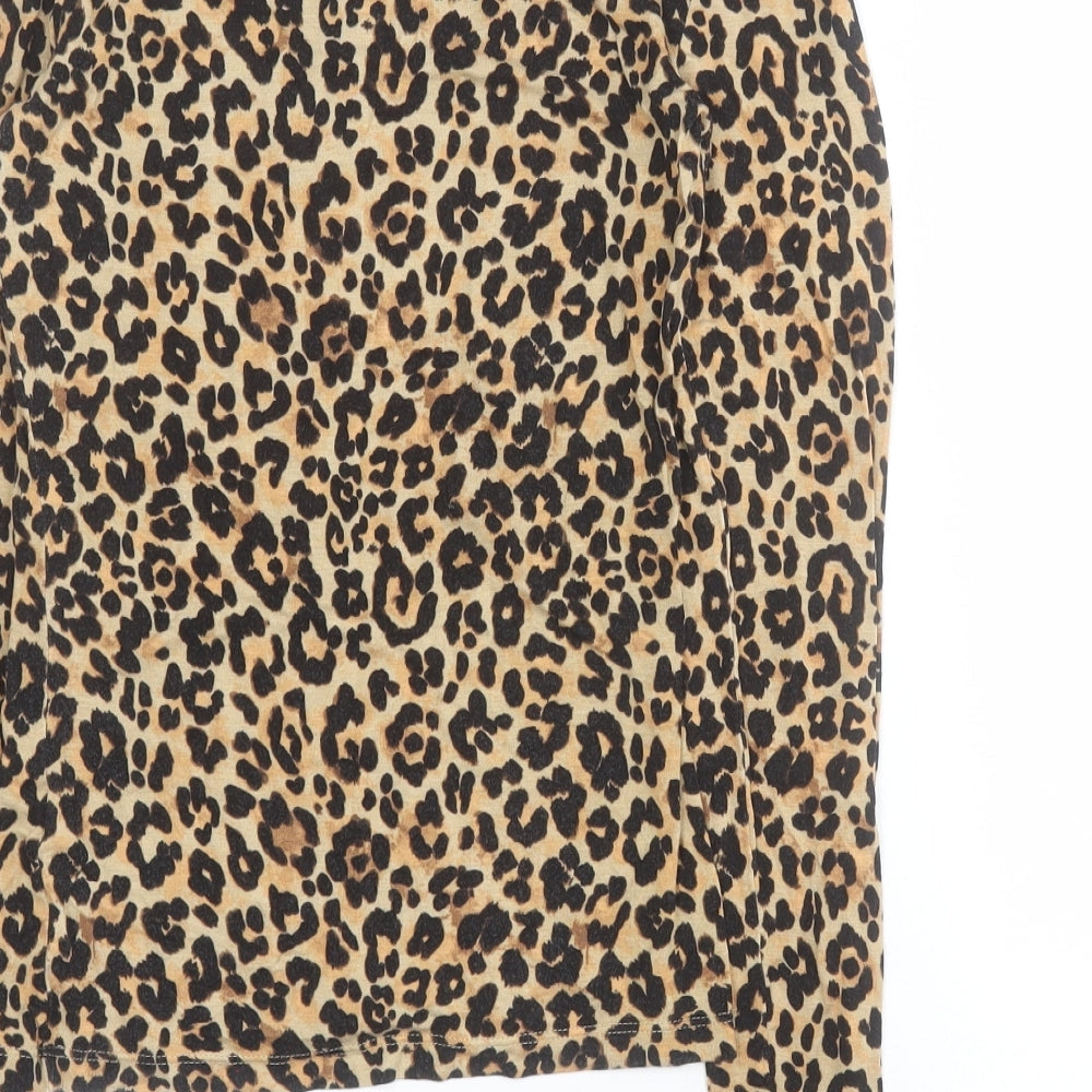 Primark Womens Brown Animal Print Viscose Basic Polo Size 2XS Round Neck