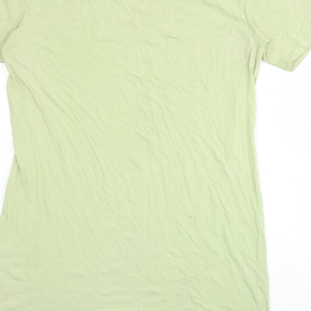 Brand and care label for H&M women’s green cotton t-shirt dress, size XS, crew neck