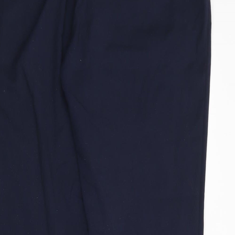 Brand and care label for Dunnes women’s blue polyester trousers, size UK 14, 27-inch leg regular