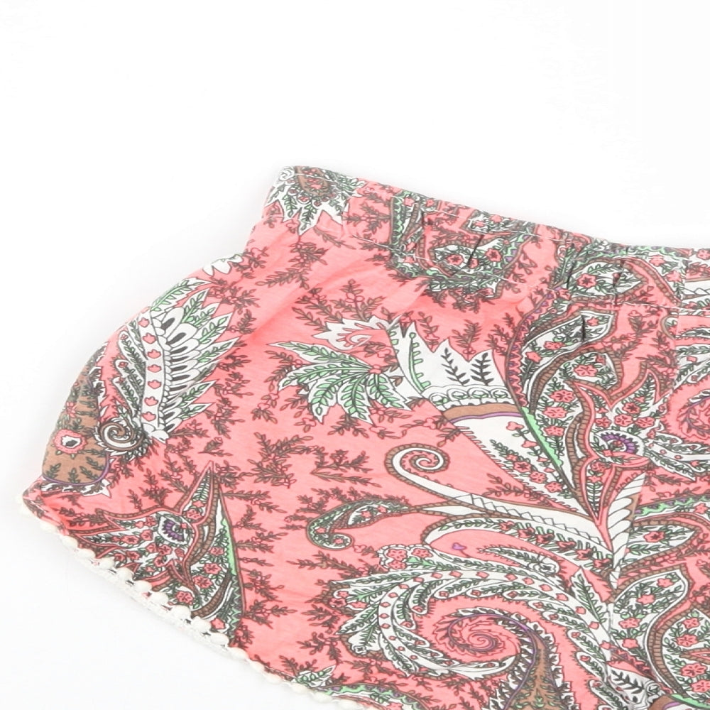 Brand and care label for Primark women’s pink paisley cotton bermuda shorts, size UK 8, 3-inch leg regular drawstring