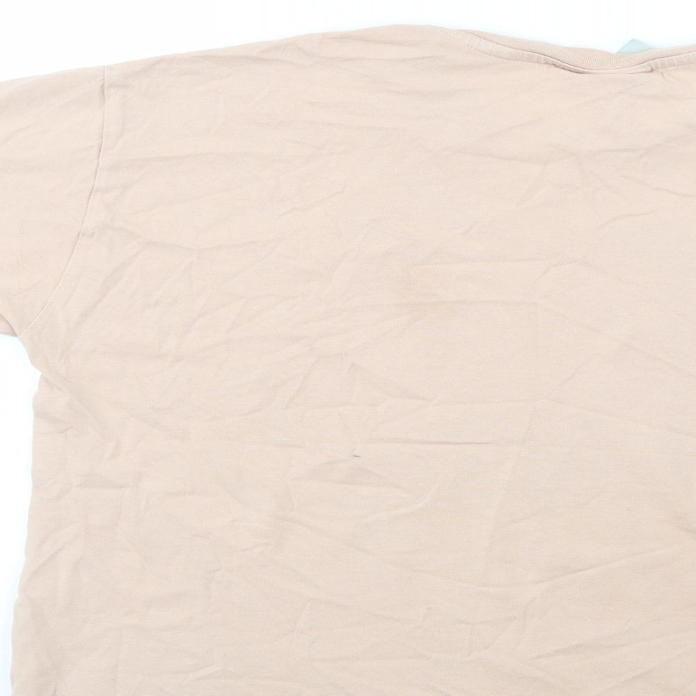 Brand and care label for Primark women’s beige cotton basic t-shirt, size UK 12, crew neck - mickey and minnie mouse