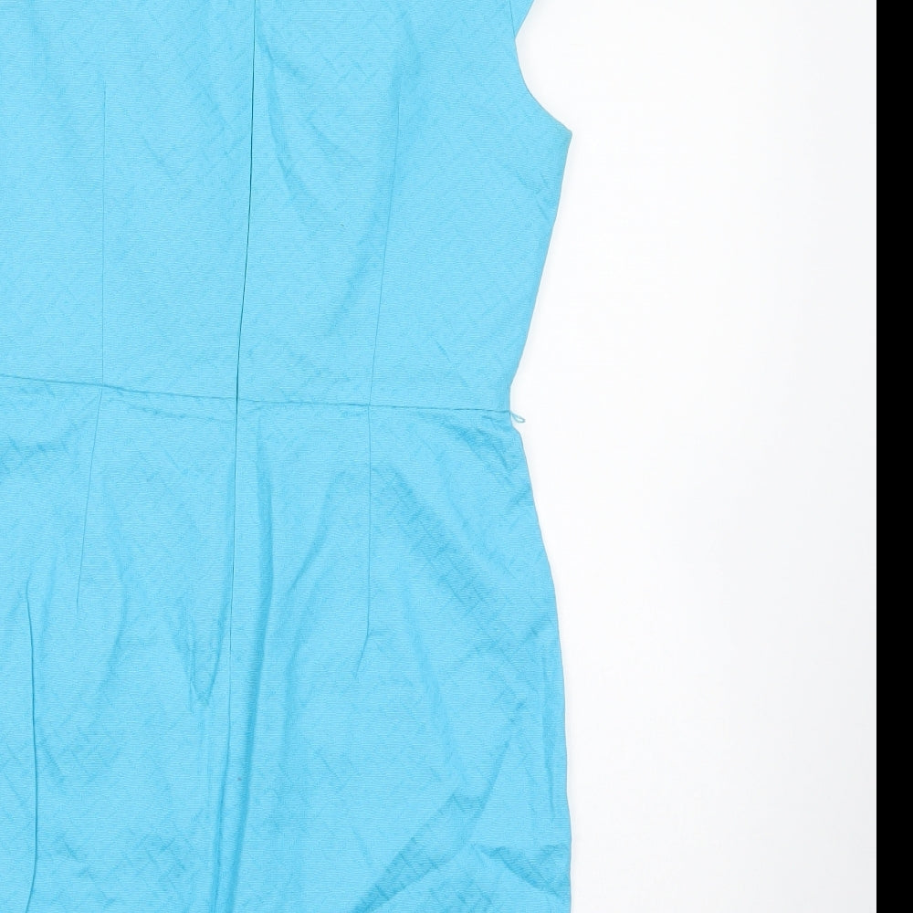 Brand and care label for Oasis women’s blue cotton pencil dress, size UK 10, boat neck zip
