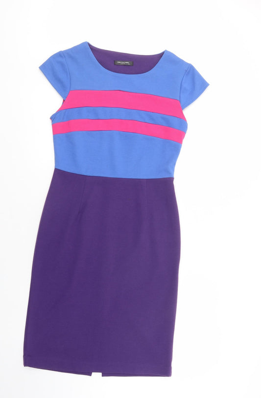 Additional front view of Collection London women’s purple striped polyester pencil dress, size UK 12, boat neck zip