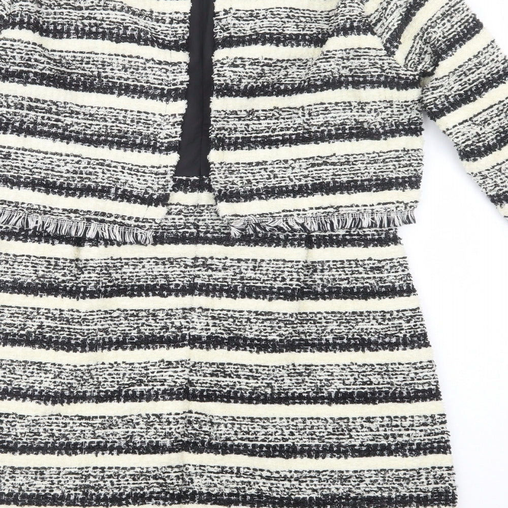 Brand and care label for Jaune Rouge women’s black striped viscose shift, size M, boat neck zip