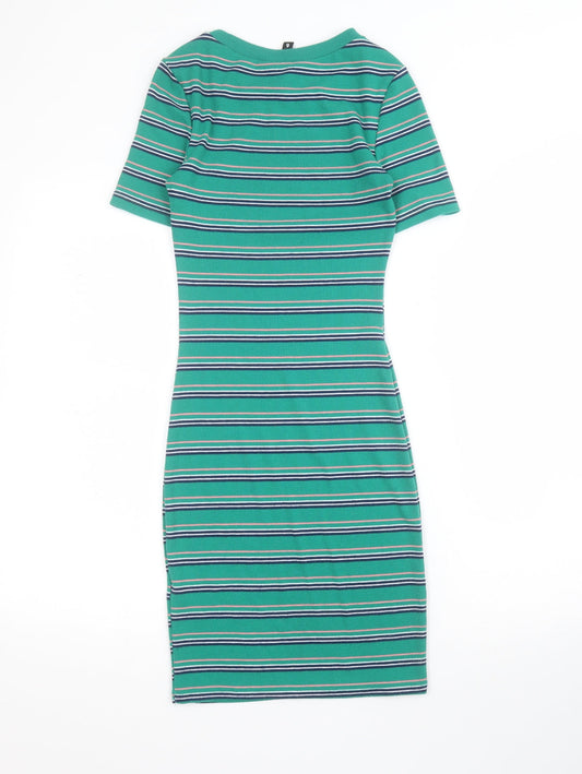 H&M Womens Green Striped Polyester Bodycon Size XS Crew Neck Pullover - Ribbed