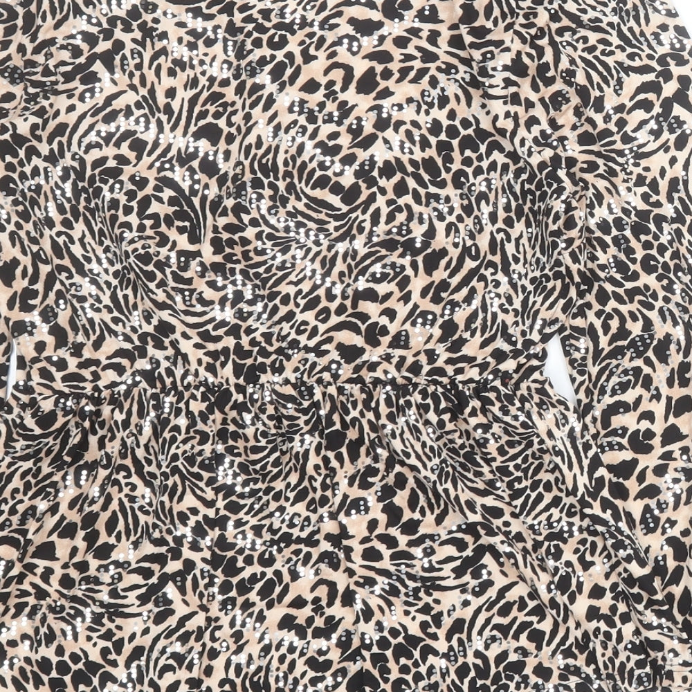 F&F Womens Beige Animal Print Polyester Basic T-Shirt Size 6 Round Neck