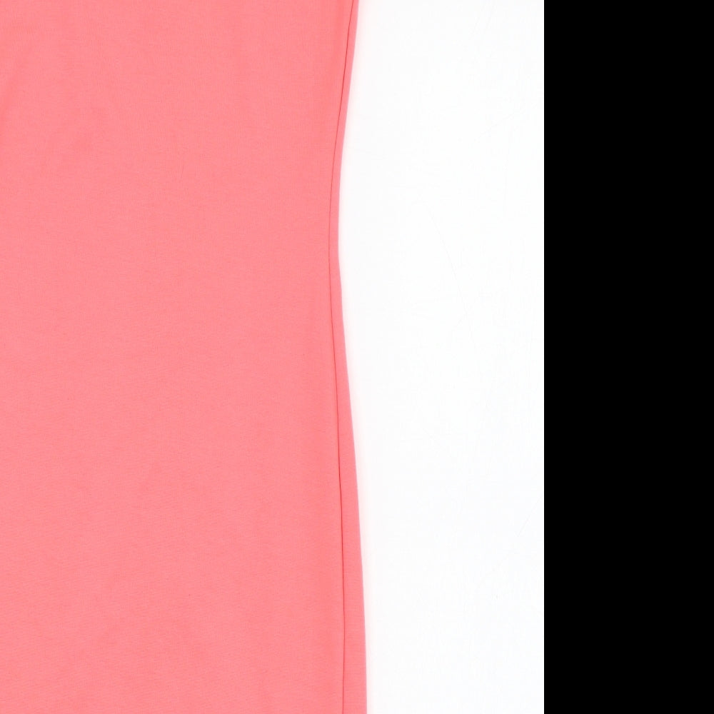 Brand and care label for H&M women’s pink polyester pencil dress, size UK 6, round neck zip