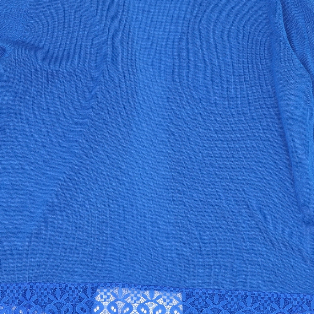 Brand and care label for George women’s blue square neck acrylic cardigan jumper, size UK 8