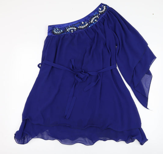 Additional front view of Quiz women’s blue polyester basic blouse, size UK 8, one shoulder
