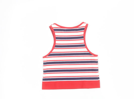Back view of Dunnes women’s blue striped nylon cropped tank, size XS, round neck - ribbed