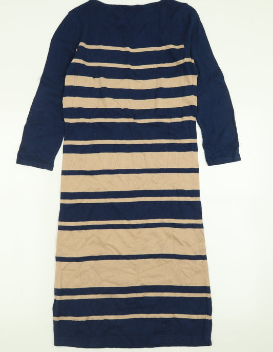 Marks and Spencer Womens Blue Striped Cotton Jumper Dress Size 8 Crew Neck Pullover