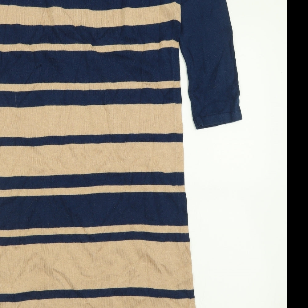 Brand and care label for Marks & Spencer women’s blue striped cotton jumper dress, size UK 8, crew neck pullover