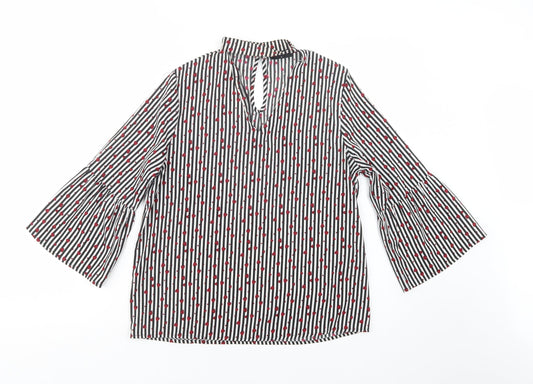 Additional front view of Matalan women’s black striped polyester basic blouse, size UK 10, v-neck