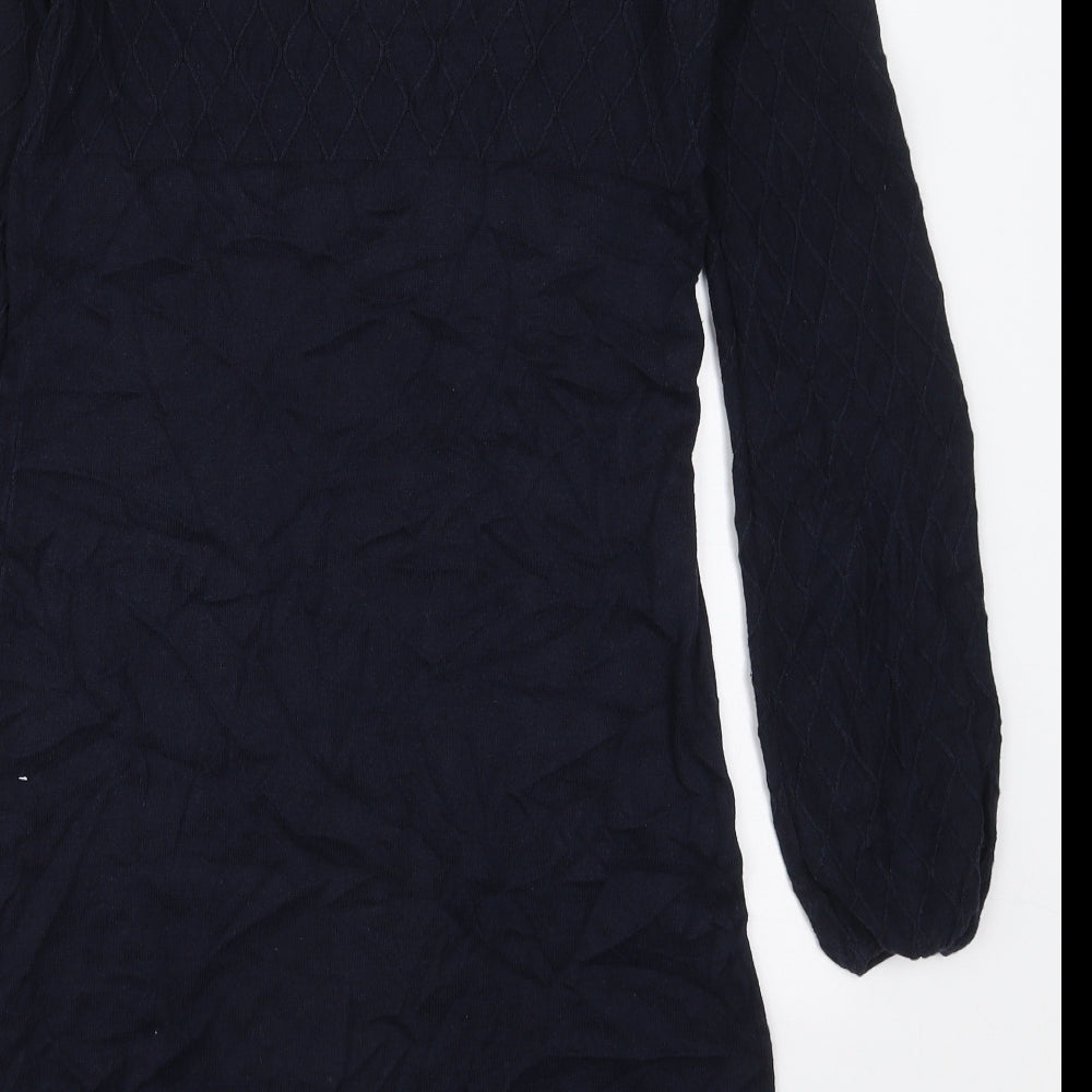 Brand and care label for Oasis women’s blue cotton jumper dress, size XS, round neck pullover