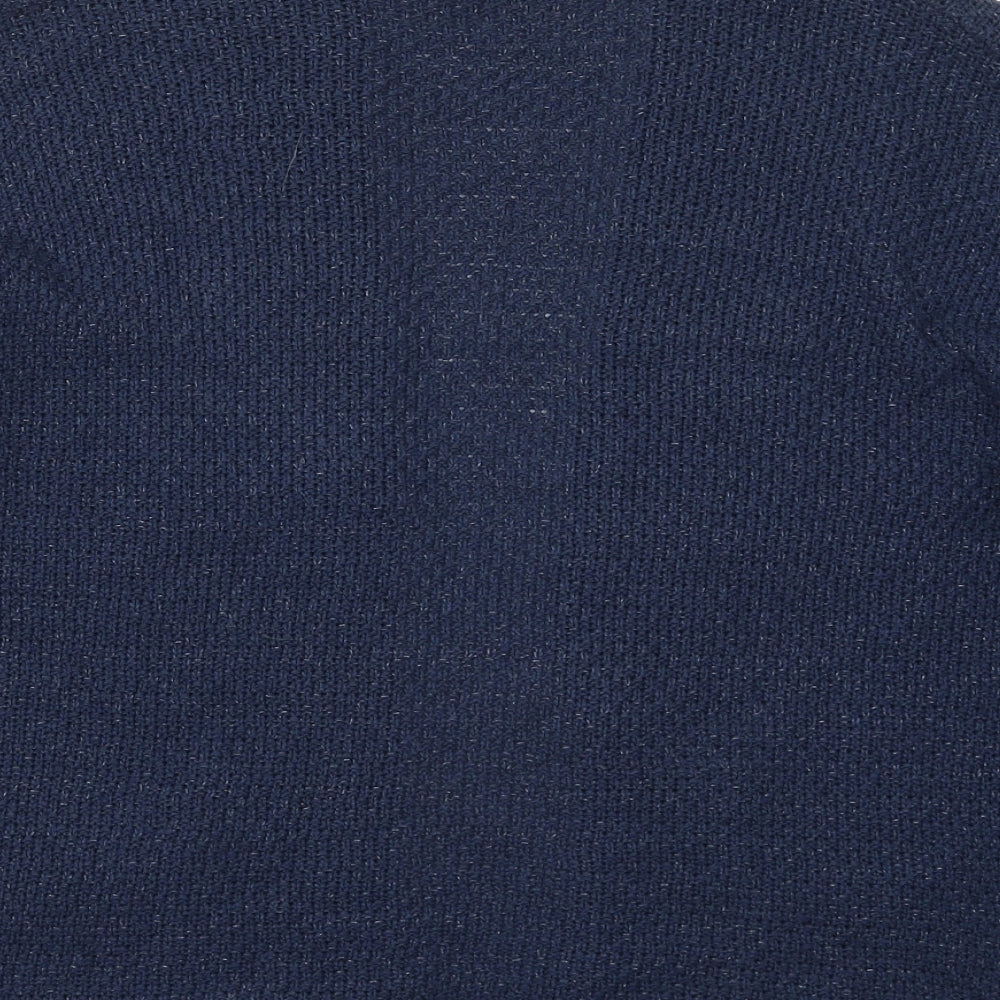 Brand and care label for Carina Ricci women’s blue v-neck acrylic cardigan jumper, size M