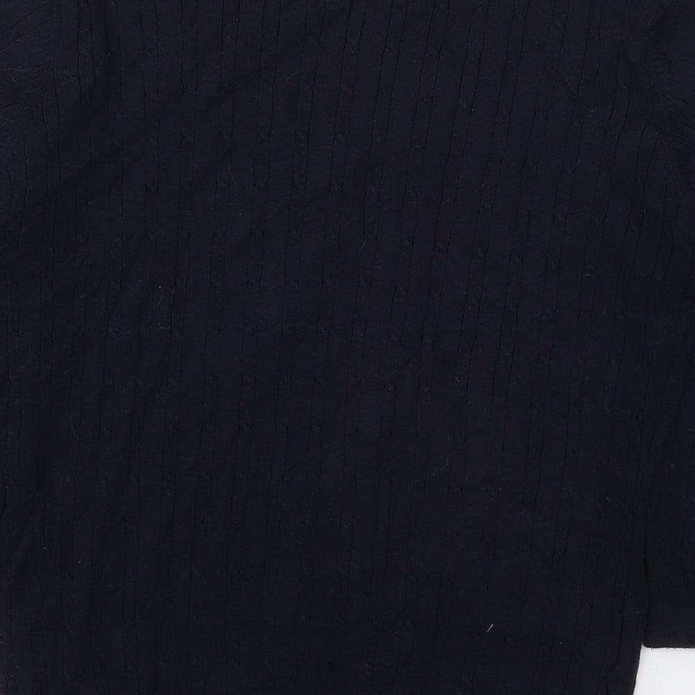 Brand and care label for Country Casuals women’s blue v-neck cotton jumper, size L