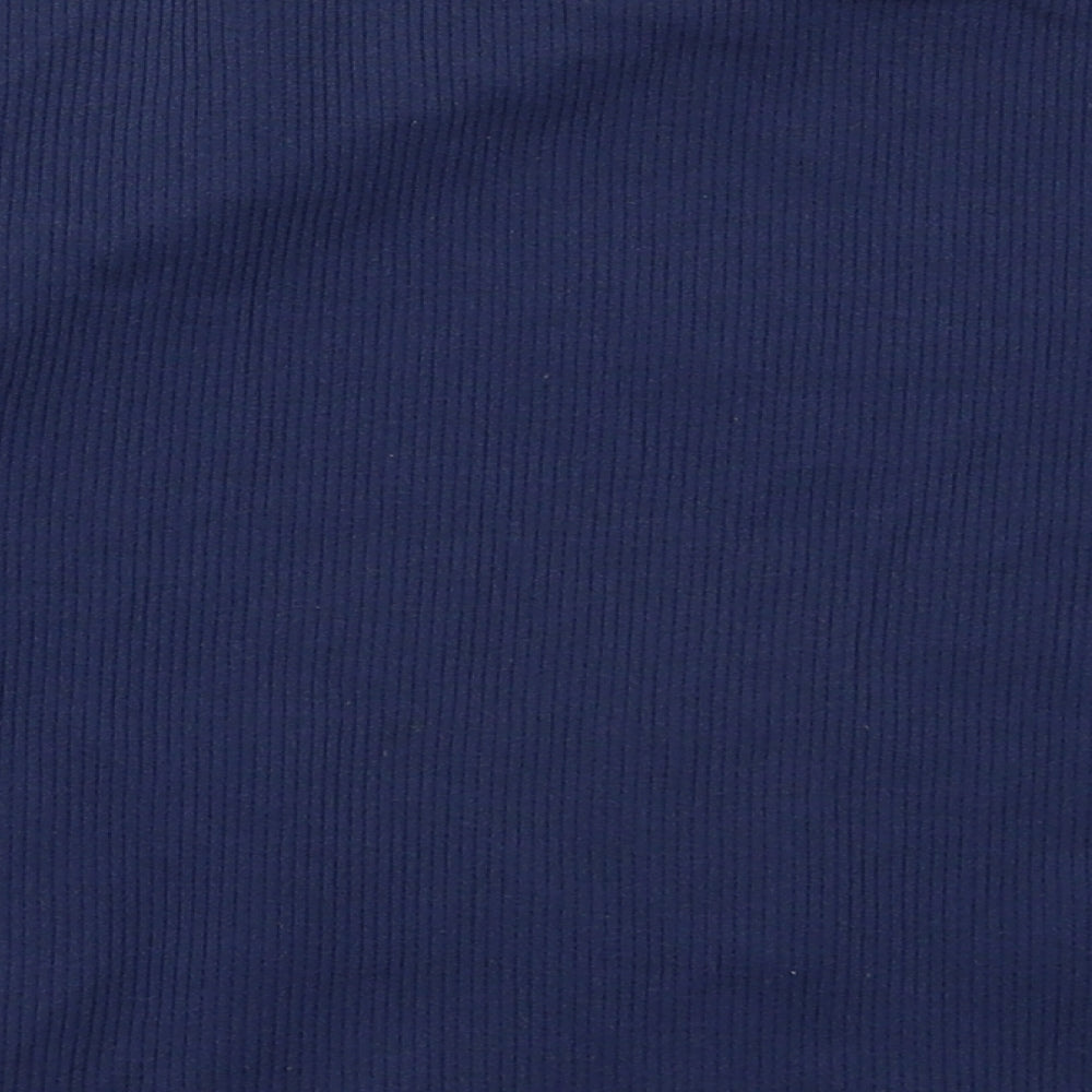 Brand and care label for Dunnes women’s blue nylon cropped t-shirt, size M, mock neck pullover