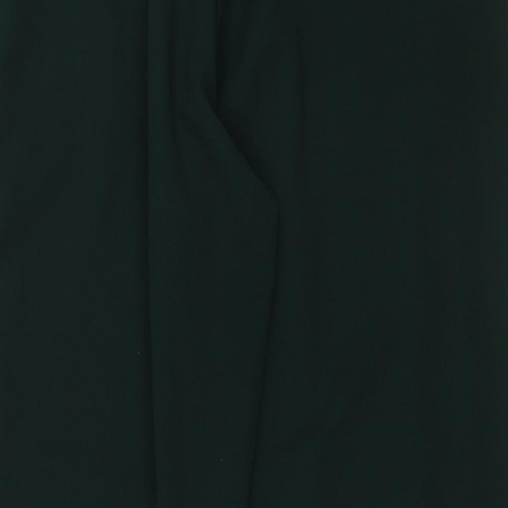 Brand and care label for New Look women’s green striped polyester cargo trousers, size UK 12, 26-inch leg regular
