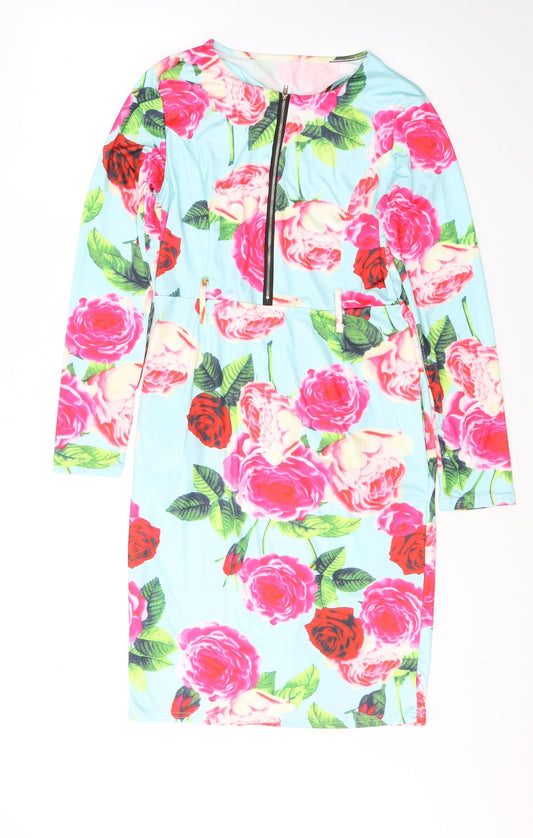Additional front view of women’s blue floral cotton a-line, size L, round neck zip