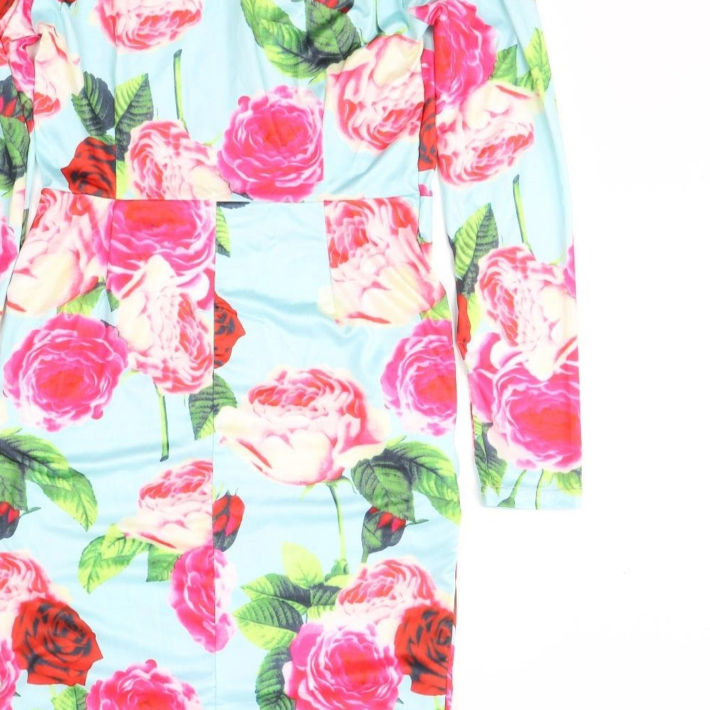 Preworn Womens Blue Floral Cotton A-Line Size L Round Neck Zip