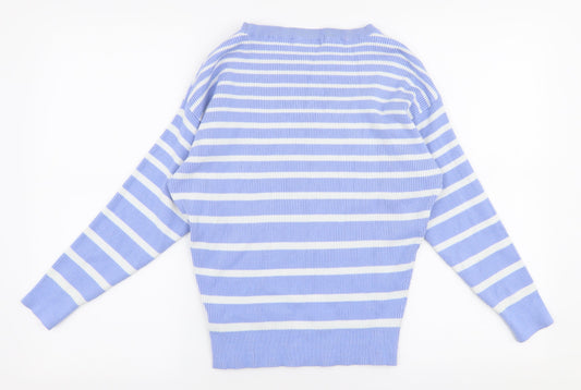 F&F Womens Blue Round Neck Striped Viscose Pullover Jumper Size S