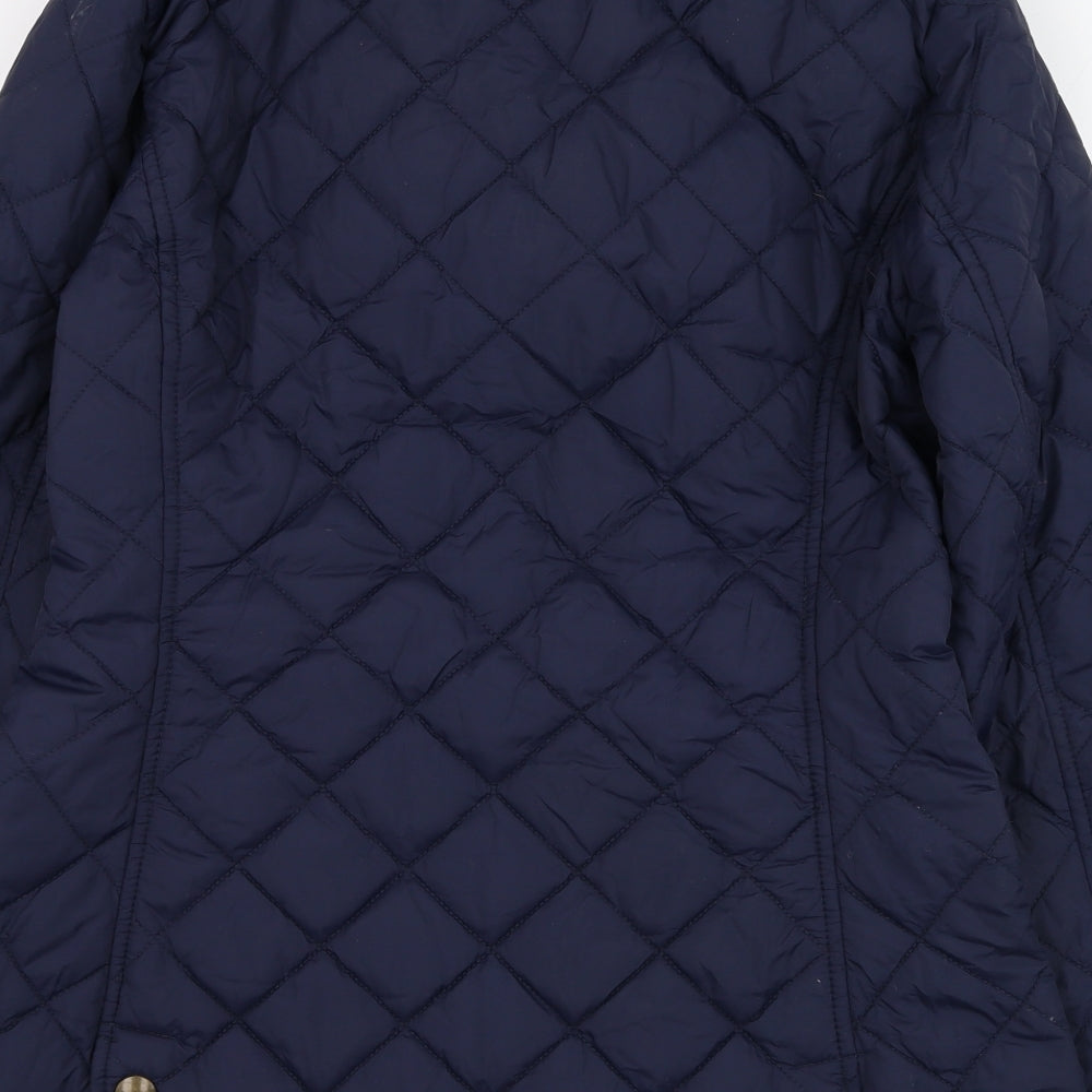 Brand and care label for Avenue women’s blue quilted coat, size S, zip