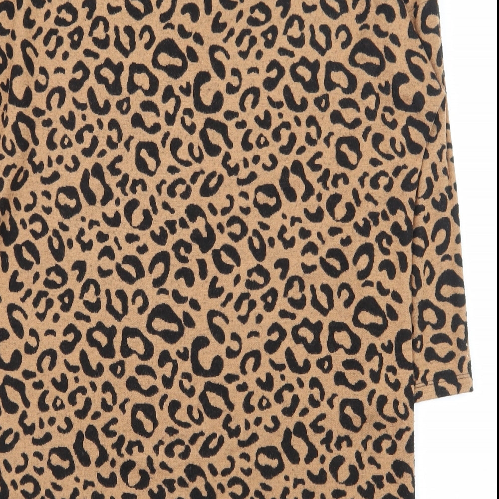 Brand and care label for Tu women’s brown animal print viscose tunic t-shirt, size UK 10, round neck
