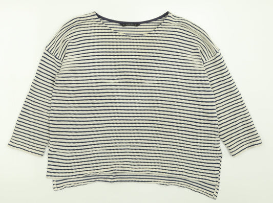 Dunnes Stores Womens Blue Crew Neck Striped Cotton Pullover Jumper Size 14
