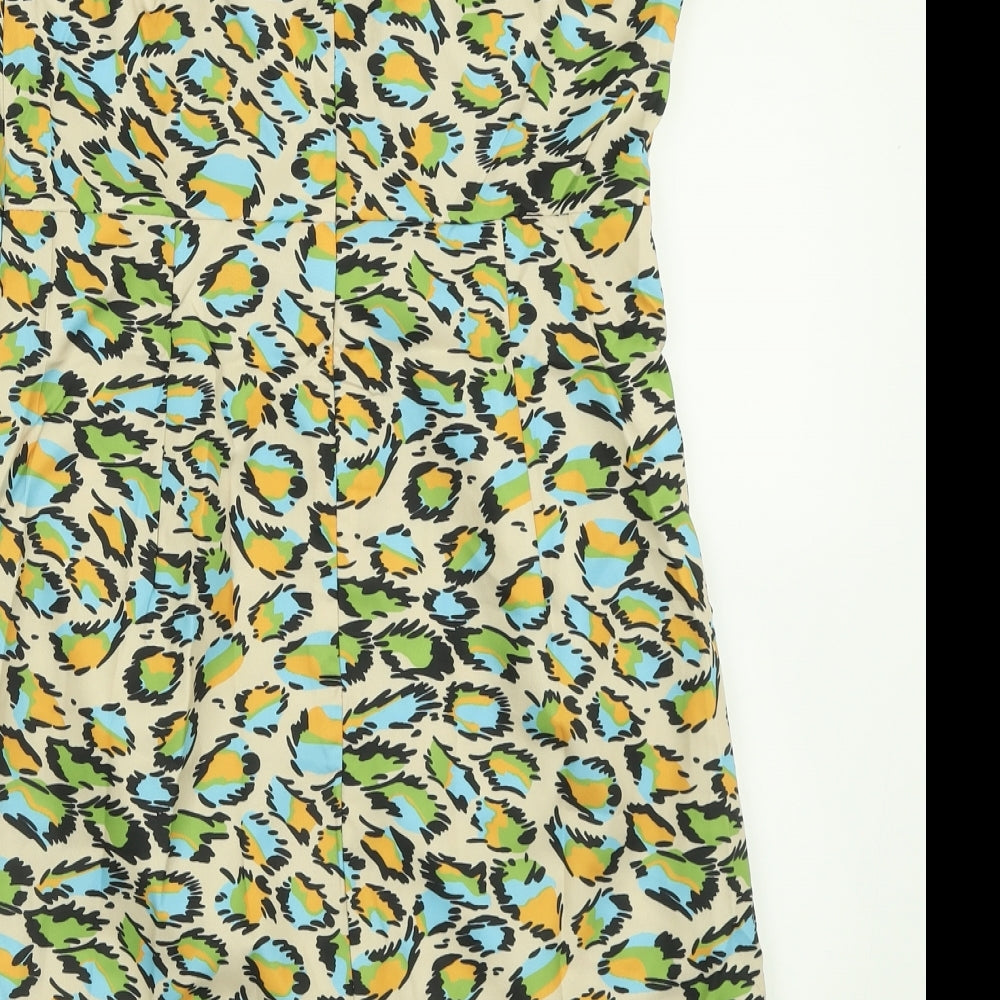 Brand and care label for SHEIN women’s multicoloured animal print polyester a-line, size L, v-neck zip
