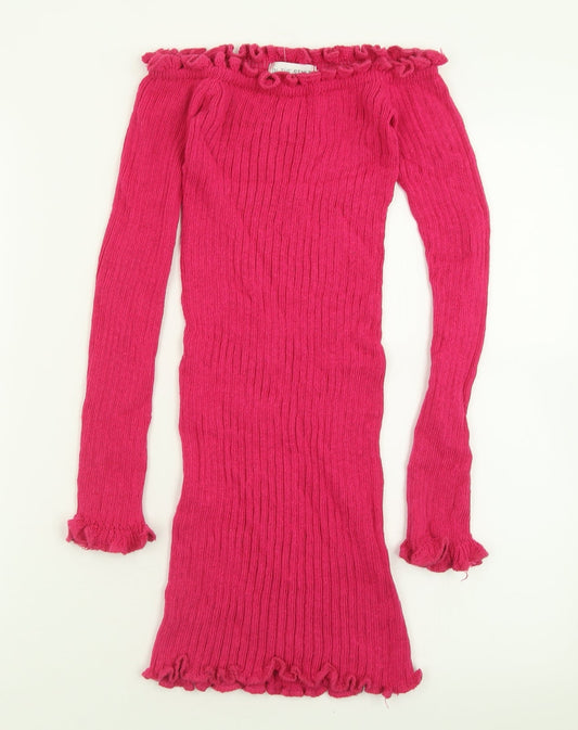 Additional front view of In the Style women’s pink acrylic jumper dress, size UK 6, off the shoulder pullover