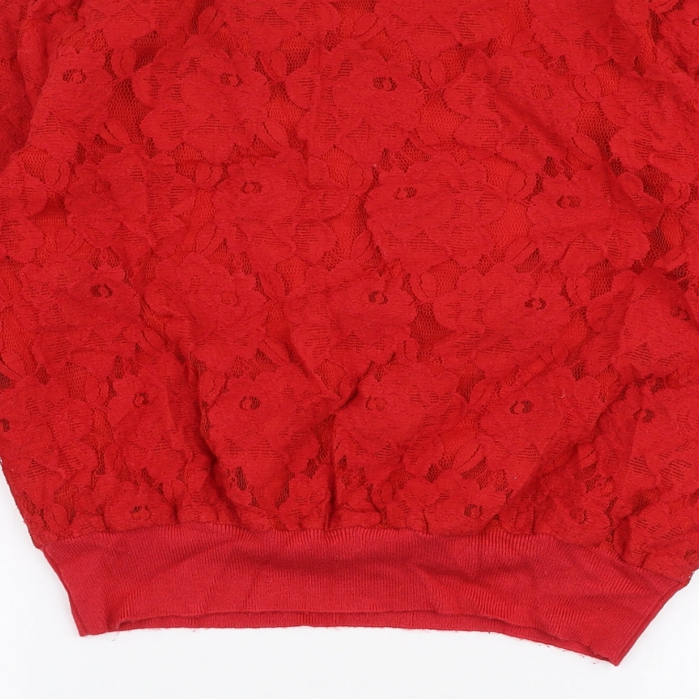 Brand and care label for H&M women’s red cotton pullover sweatshirt, size M, pullover