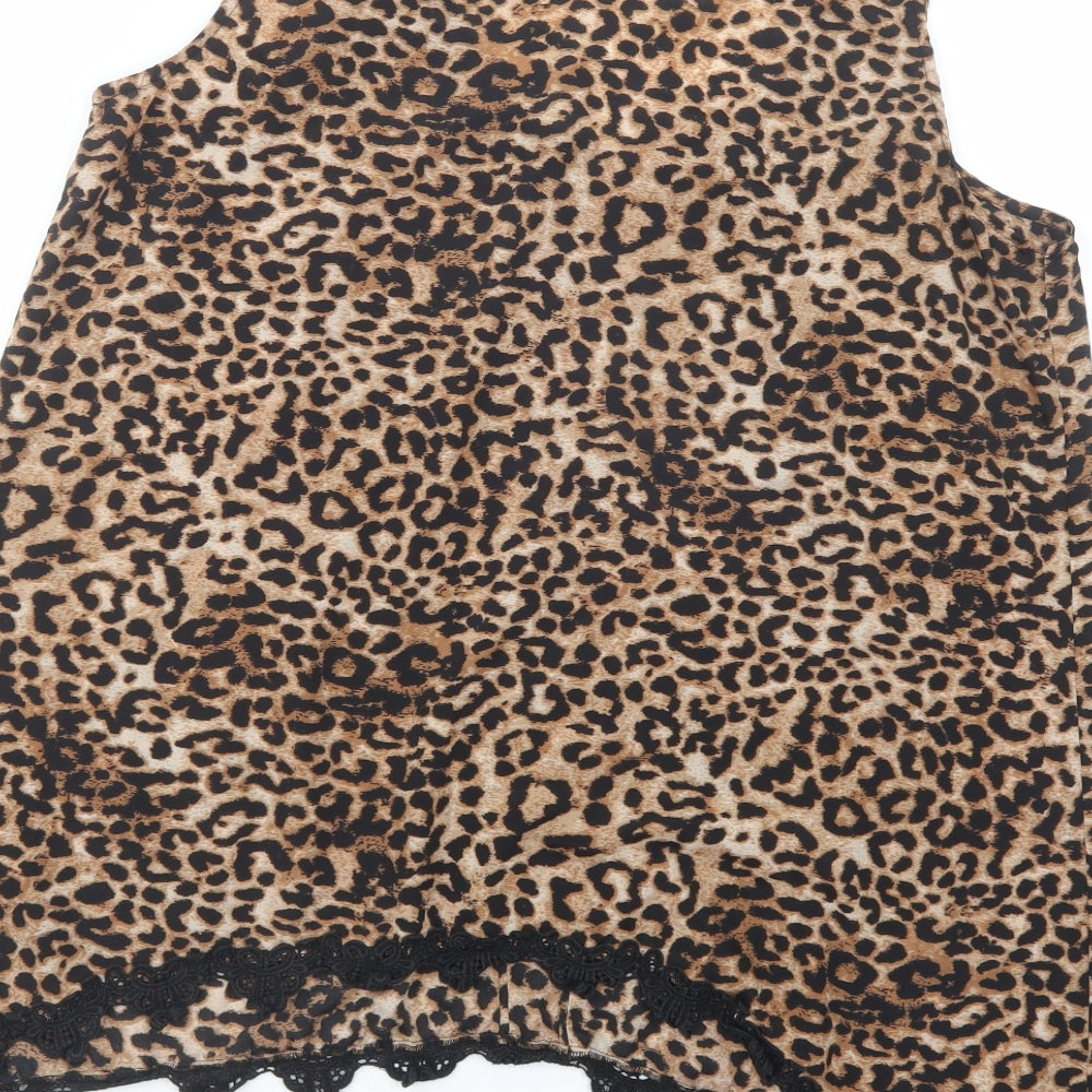 Charming Charlie Womens Brown Animal Print Polyester Basic Blouse Size L Scoop Neck